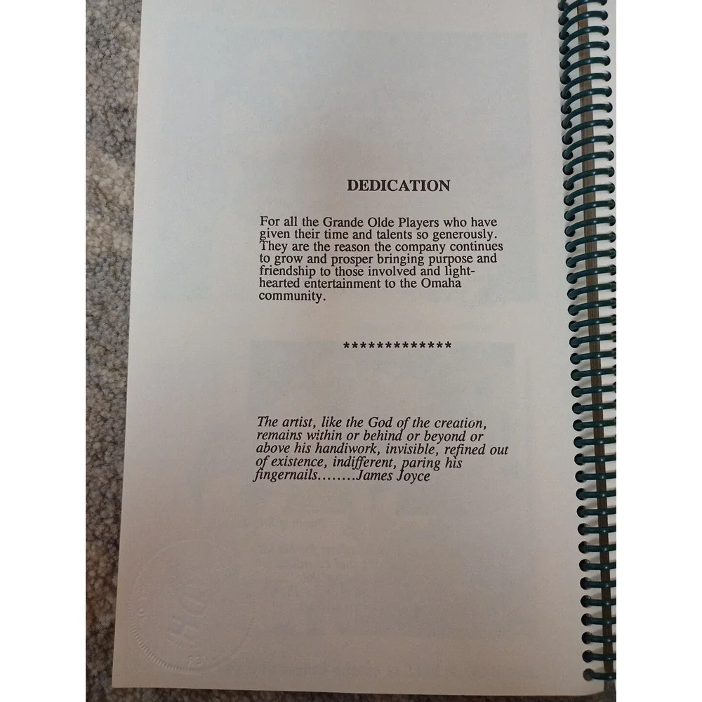 Vtg Spiral Cookbook Grand Olde‎ Players Omaha, Nebraska Community Theater 1980s